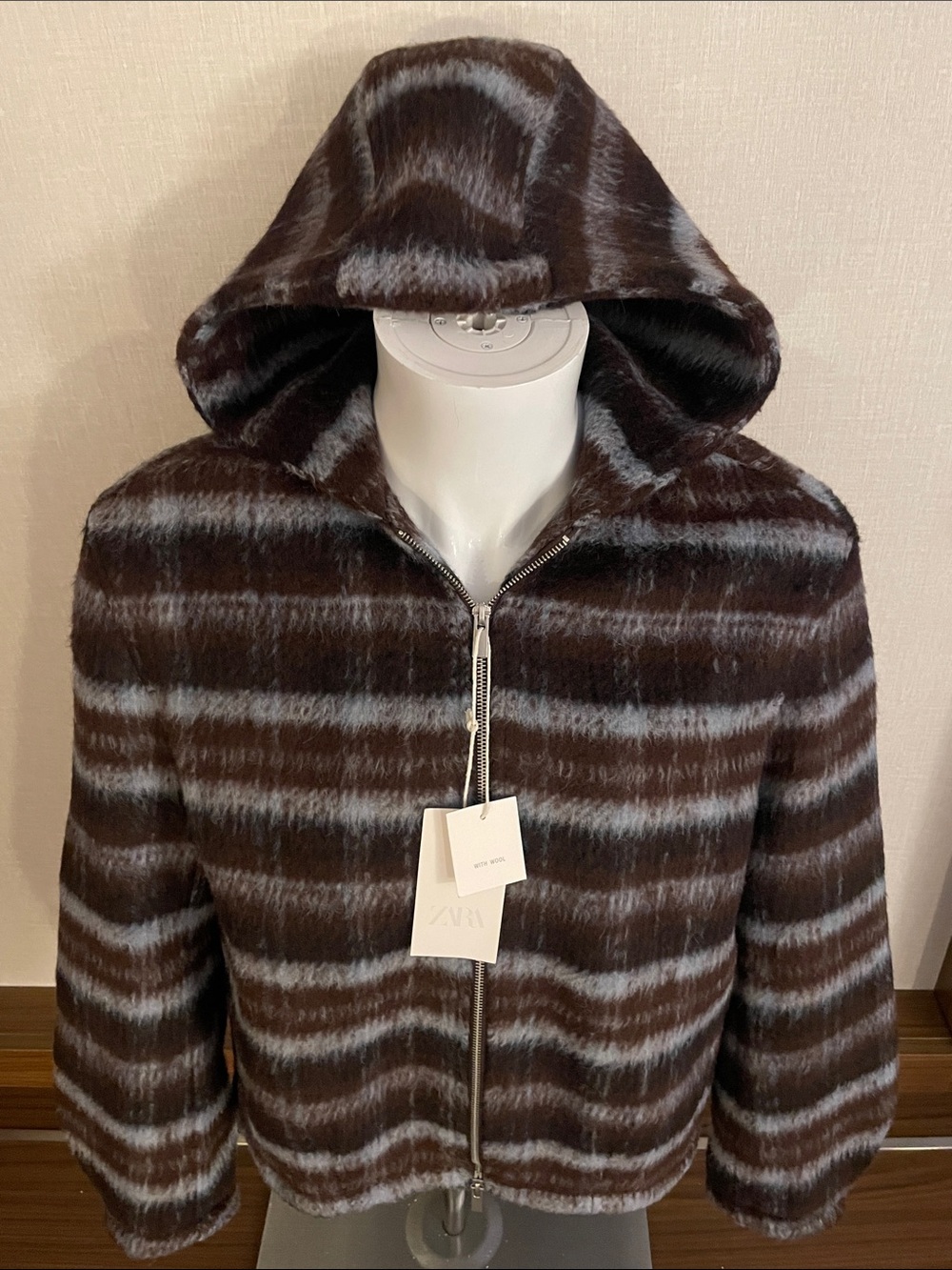 ZARA Kids Brown & Gray Striped Faux Fur Hooded Jacket
